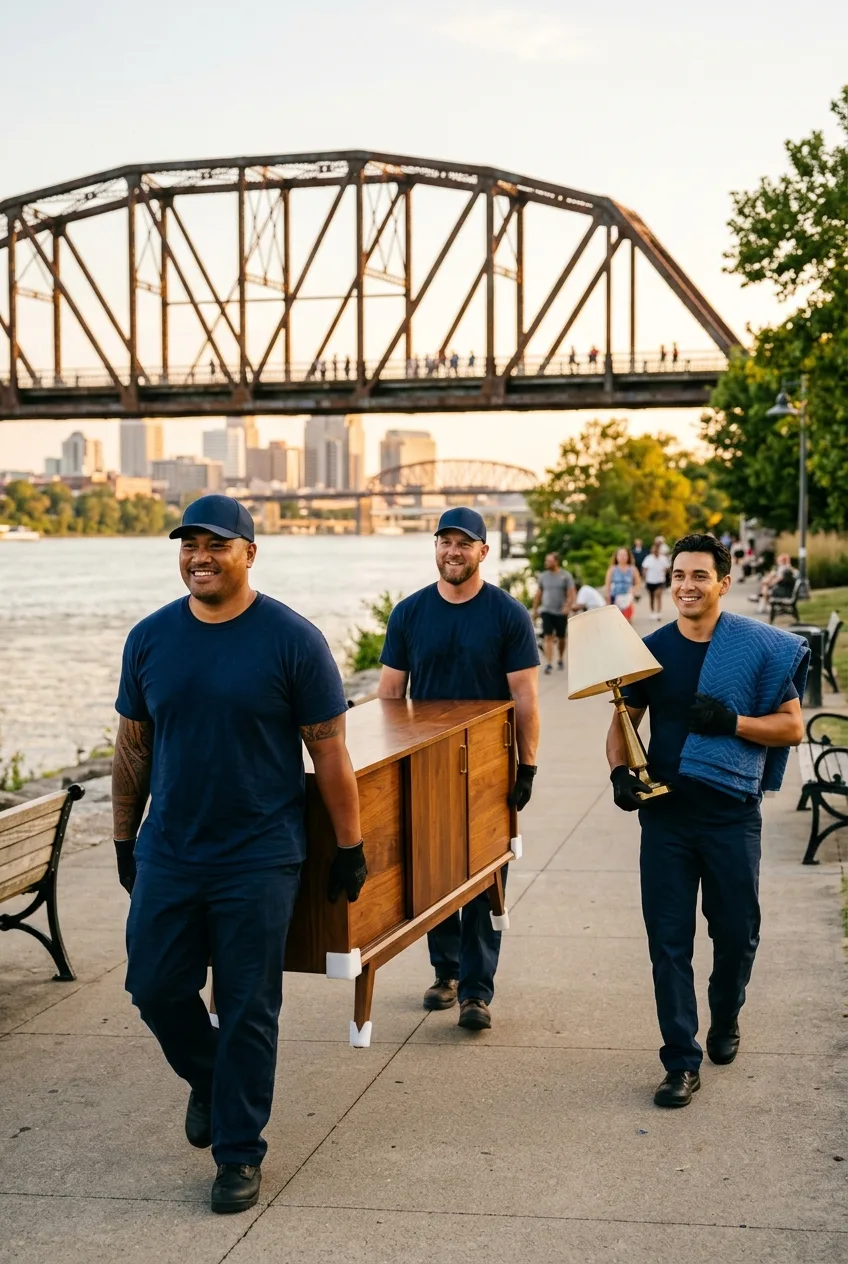 Velvet Glove movers carrying a mid-century credenza by the Big Four Bridge in Louisville