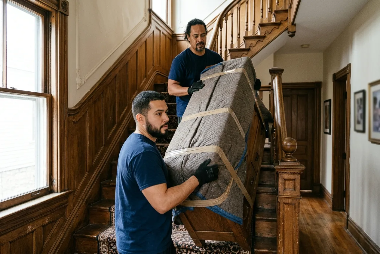 Two movers carrying a wrapped antique dresser up a staircase