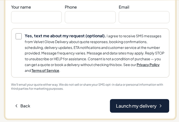 Velvet Glove Delivery Instant Quote final step showing the unchecked optional SMS consent checkbox and full disclosure